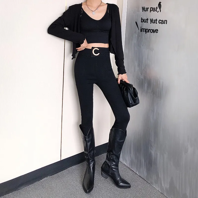 

Women High Waist Skinny Pencil Pants Autumn Winter Sashes Punk Black Ankle-Length Pants Casual Office Lady Pants Streetwear