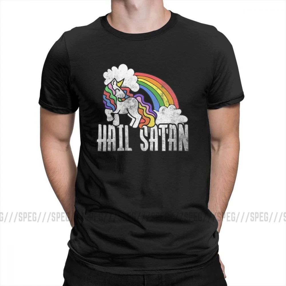 Футболка с надписью «Hail satan» в стиле ретро, радужная футболка с единорогом, футболка с коротким рукавом на заказ, Мужская футболка, топ, группа размера плюс, хлопок, Мужская футболка с круглым вырезом - Цвет: Черный