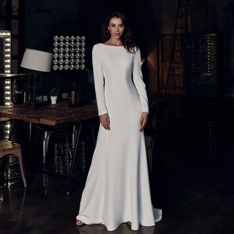 

Волшебная ость шик из атласа с длинным рукавом Свадебные платья Русалочки на пляже и жемчужными бусинами с низким вырезом на спине простые ...