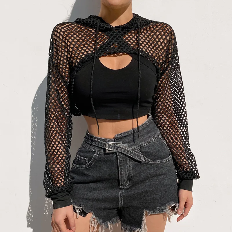 

Sexy Black Mesh Fishnet Top Women's Tshirt See Through Smock Long Sleeve T-shirts Cropped Top Tee Shirt Streetwear 2021