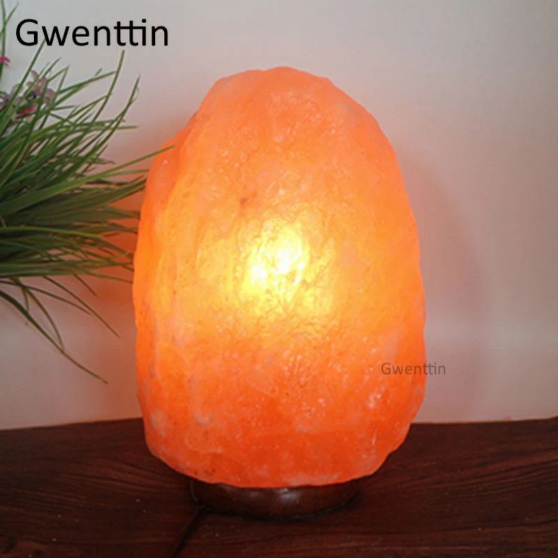 Himalayan Rock Crystal Salt Lamp LED Night Light Hand Carved Wooden Base Stand Light Air Purifier Bedroom Home Decor Luminaria