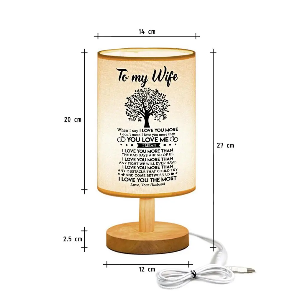 

To My Wife Bedside Lamp Night Light Warm White Bulb Dimmable Gift Wood Table lamp