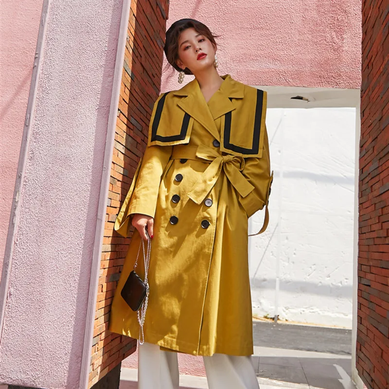 LANMREM новинка 2020 Весенняя мода однотонный Ретро стиль сшитый двубортный с