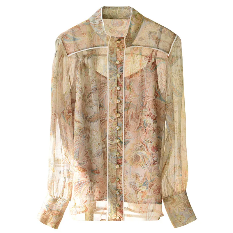 

big New silk Paisley flower silk top Long Sleeve Chiffon shirt women s silk shirt two piece set