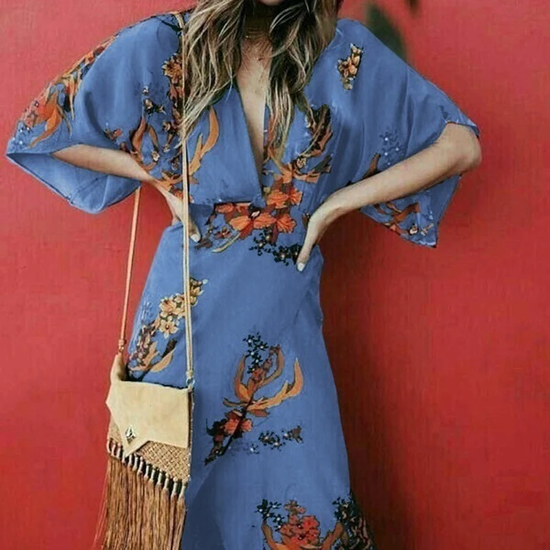 

BONJEAN Boho Dress for Women 2020 Summer Clothing V-Neck Floral Print Irregular Dress Half Sleeve Split Dress Robe Femme BJ1959