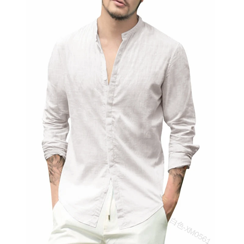 

Mandylandy Shirt Summer Fashion Long Sleeve Single-Breasted Stand Collar Shirt Top Men's Casual Solid Color Slim Shirt