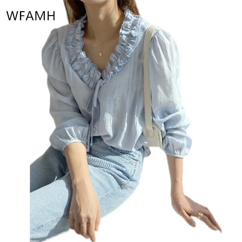 

Рубашка на шнуровке, из хлопка и полиэстера, с V-образным вырезом и пышными рукавами, в стиле Харадзюку, повседневная, шифоновая, весна 2021