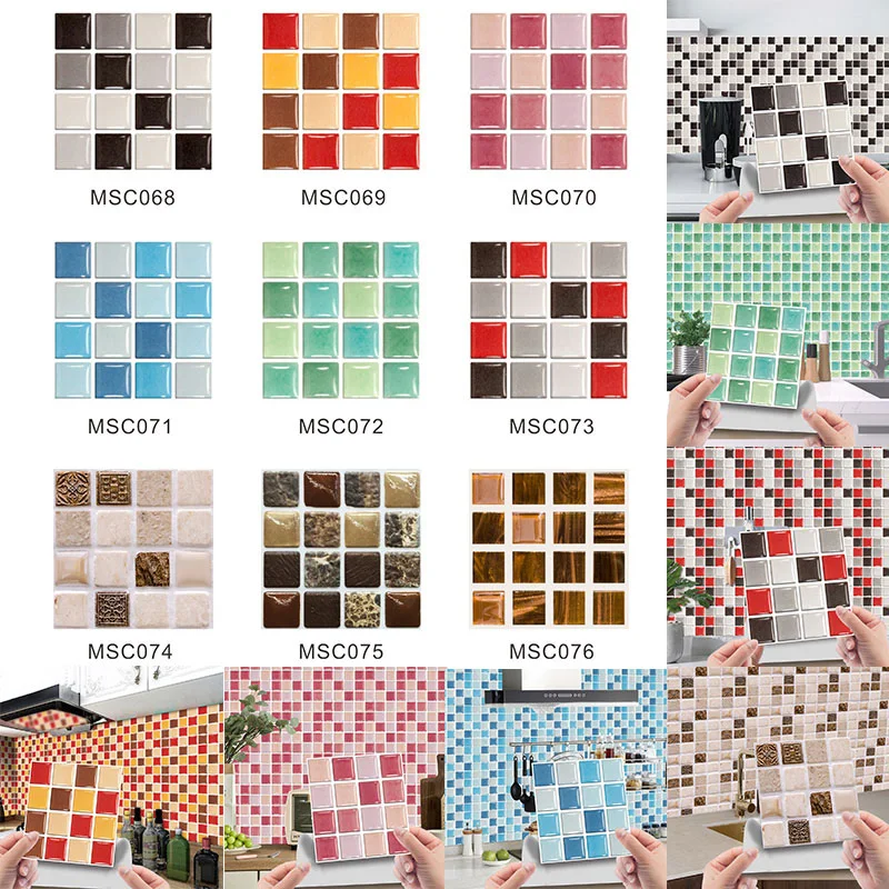 

10pcs Simulation Mosaic Tiles Wall Sticker Transfers Flat 3D Printed Covers For Kitchen Cupboard Wallpaper Waterproof Wallpaper