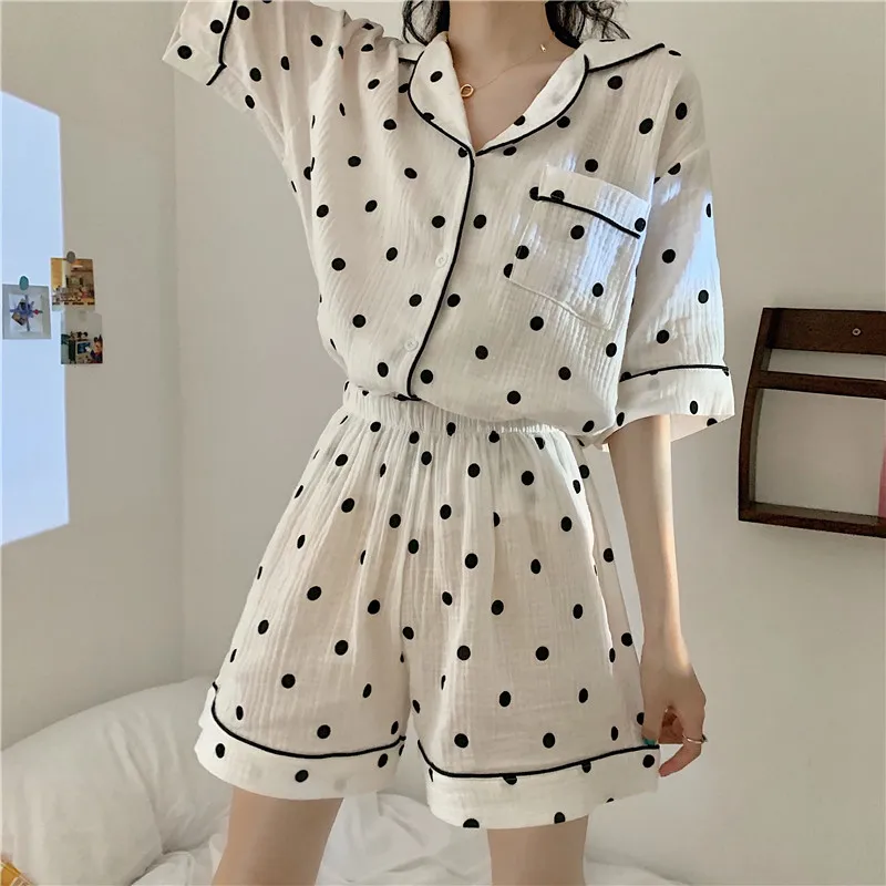 

Summer New Soft Polka Dot Print Pajamas Set Girlfriend Shorts Sets Casual Cute Cotton Turn Down Collar Elastic Waist Homewear