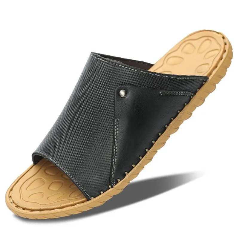 

2021 Cowhide Men's Spring And Autumn Comfortable Soft Bottom Home Slippers Male Indoor Outsides Breathable Flats Basic Slide