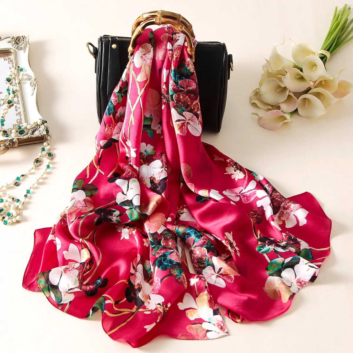 

[PTAH] Mom Gifts 100% Mulberry Silk Scarf Ladies Banquet Soft Comfort Breathable Digital Print Large Scarf High Quality 180*65cm