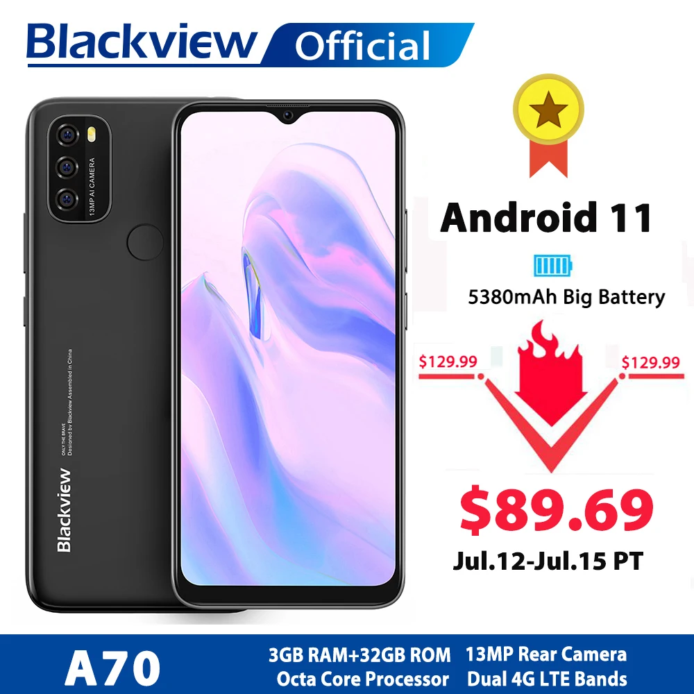 Blackview A70 Android 11 Smartphone 6.517 Inch Display Octa Core 3GB RAM+32GB ROM 5380mAh 13MP Rear Camera 4G Mobile Phone