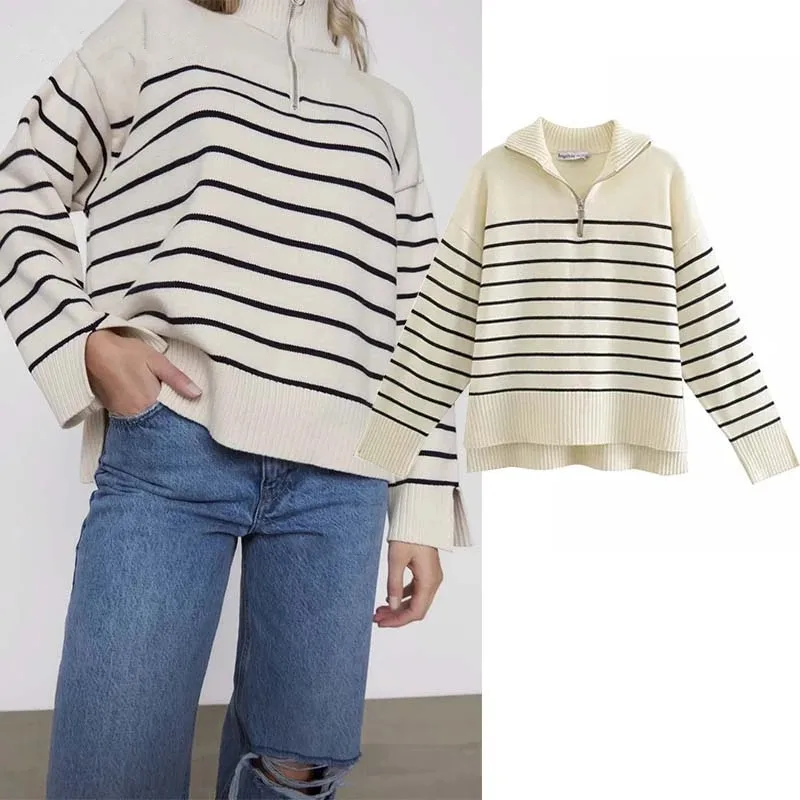 

Sweaters Women 2021 Fashion Stripe Loose Zipper Knitting Sweaters Vintage Long Sleeve Asymmetry Female Pullover Tops