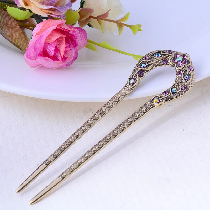 

SHUANGR Vintage Hair Accessories Antique Bronze Plated Hairpins U shape Hair Stick Pin Women Rhinestone Flower Hair Jewelry