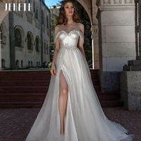 jeheth sweetheart side split tulle boho beach wedding dress off shoulder applique lace up backless party bridal gown sweep train