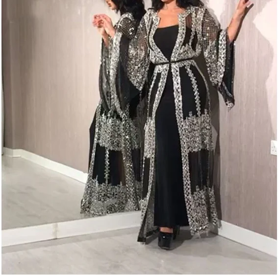

2021Abaya Dubai Muslim Dress Luxury High Class Sequins Embroidery Lace Ramadan Kaftan Islam Kimono Women Black Maxi Dress