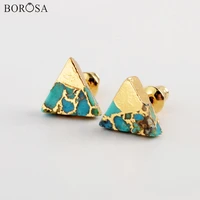 borosa 510pairs new triangle gold plating copper natural turquoises earrings high quality gems stud earrings for women g1986
