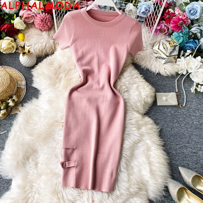 Женское облегающее платье ALPHALMODA с круглым вырезом и коротким рукавом