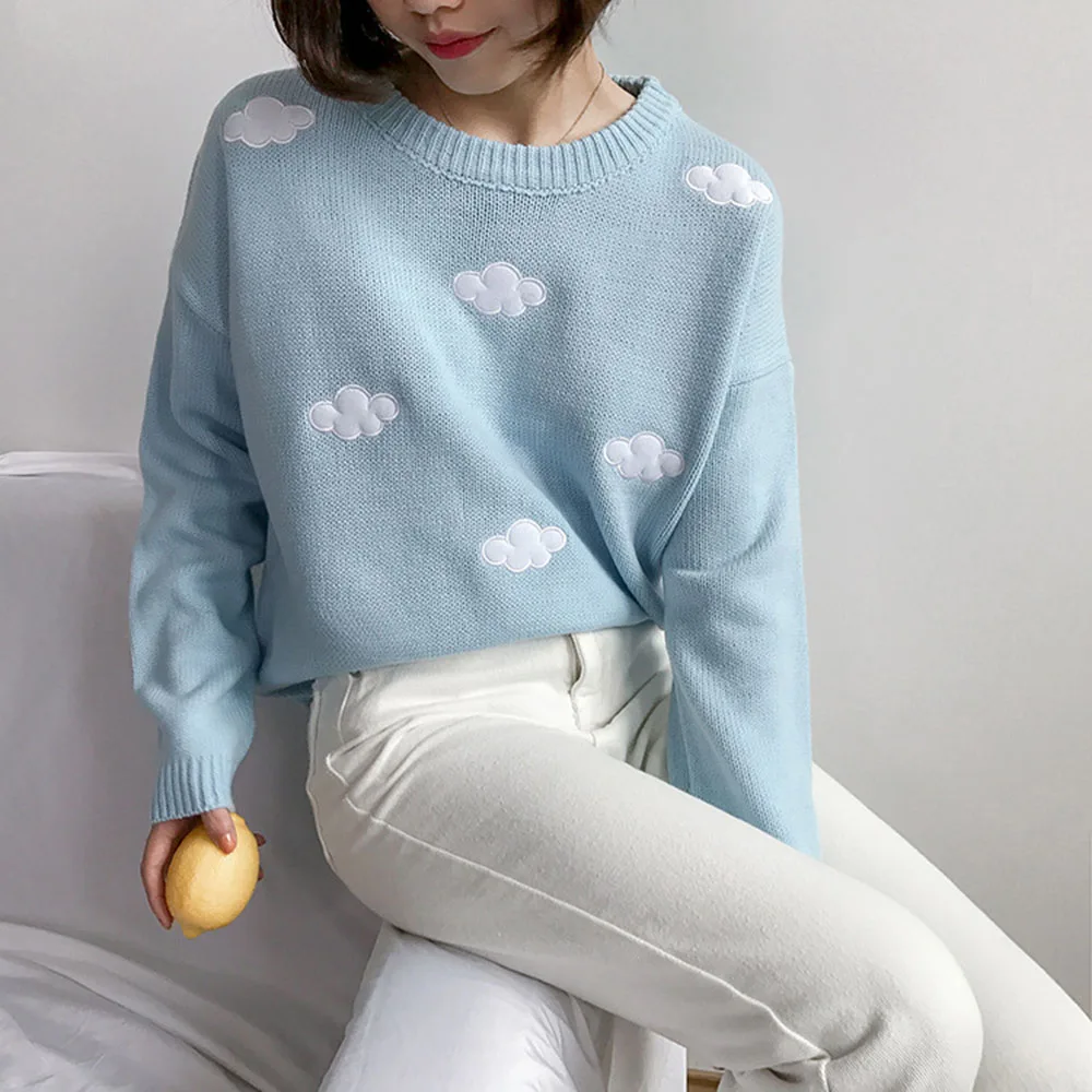 Women's Clothing Cute Kawaii Thick Loose Clouds Embroidery Sweater Lady Harajuku Ulzzang Sweaters For Women Knitted | Женская одежда