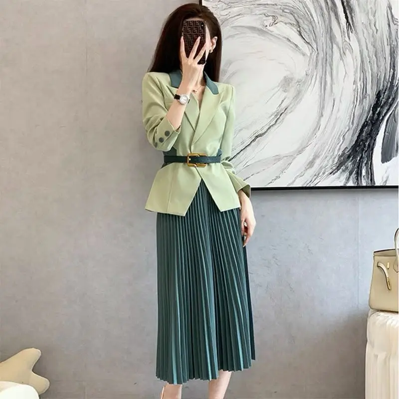 

2022Spring Autumn green Fashion OfficeTwo PieceSuit Plus Size Korean Style Loose Thin SuitJack +Net yarnSkirt High Quality New