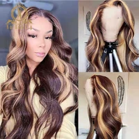 honey blonde with highlight wig hd transparent lace wig body wave ombre colored 4x4 closure wig for black women nabeauty remy