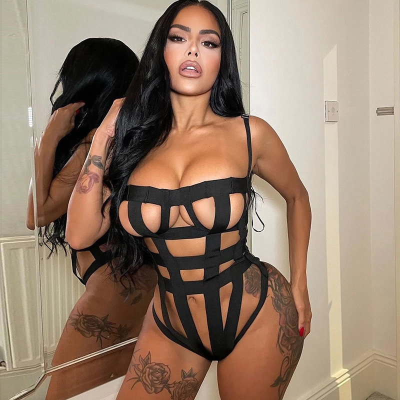 

Women Undefined Hollow Out Cleavage Skinny Attirewear Long Sleeve Party Club Sexy Midnight Bodysuit Female Attirewear