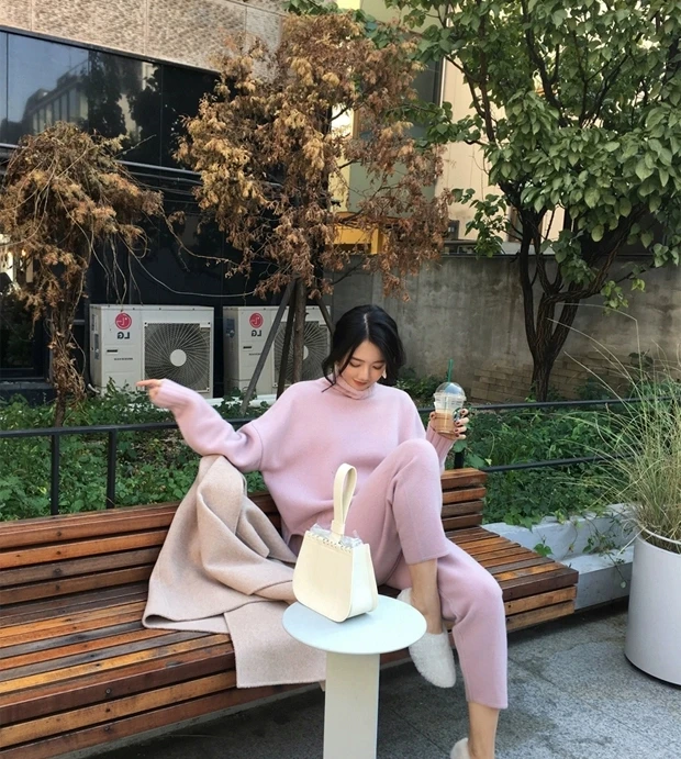 New arrival Autumn winter Knitted Tracksuit Turtleneck Sweatshirts for Women Suit Clothing 2 Pcs Set Knit top Pants suit Female