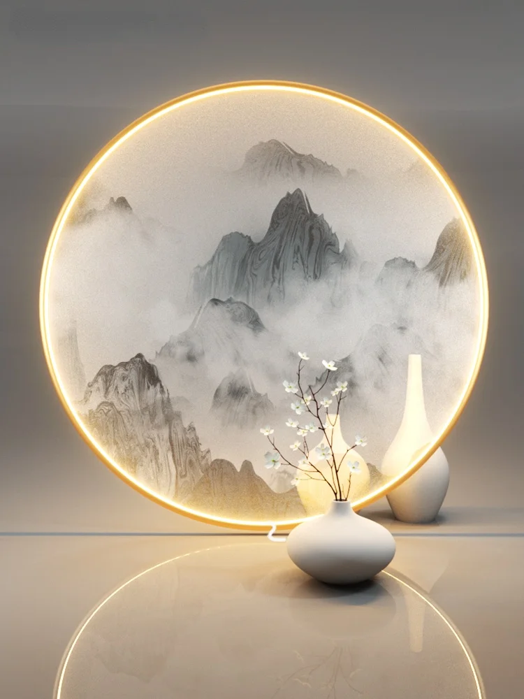 

TT Translucent Schappe Silk Lamp Painting New Chinese Landscape Painting Entrance Entrance Painting round Decorative Painting