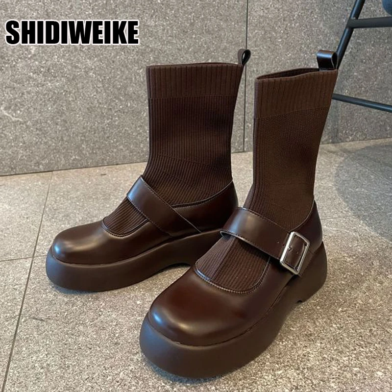 

2021 Round Toe Autumn Winter Ankle Boots Knitting Leather Concise Women Shoes Square Heel Slip On Short Boots Size 35-39 vc1802