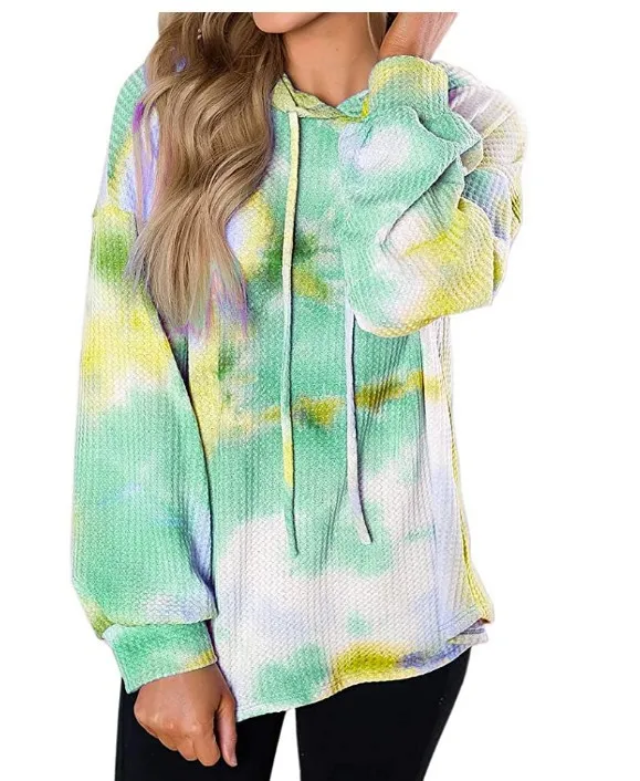 Tie Dye Hoodie Women Waffle Long Sleeve Tie Dye Sweatshirt for Autumn Winter Red Green Pink Hoodie Fashion Thin Moletom Tie Dye