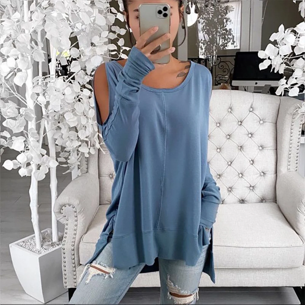 

Women O Neck Long Sleeve Cold Shoulder Irregular Hem Loose Blouse Sweatshirt Female Solid Sweatshirt Female Tops Pullover