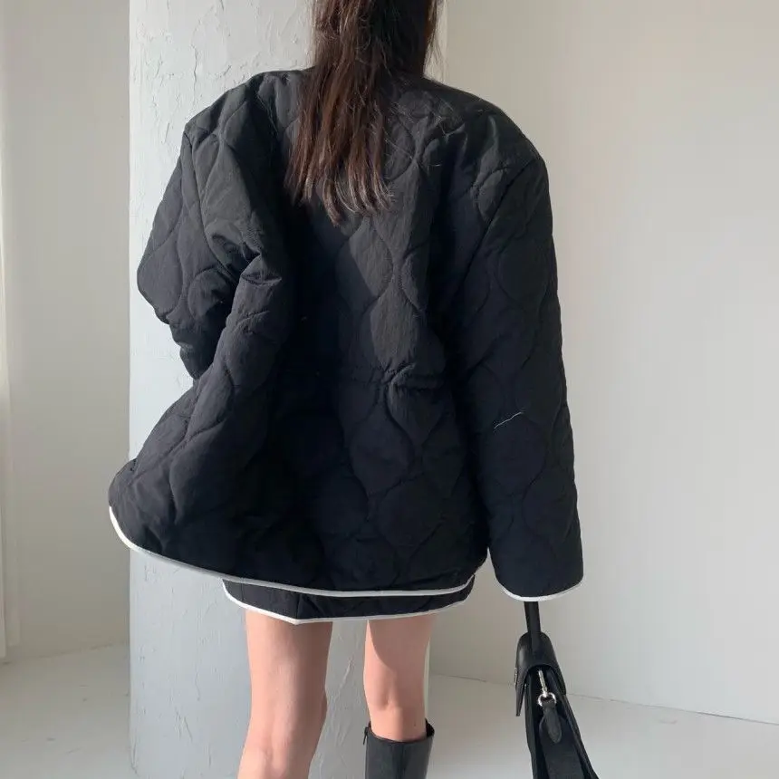

Women Thick Warm Cotton Two Piece Outfits Long Sleeve Single Breasted Coat and High Waist Mini Skirt Casual Padded 2 Piece Sets