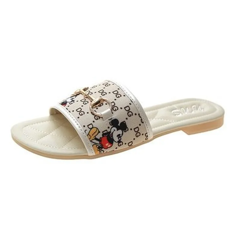 

Disney's New Mickey Sandals Women's Shoes Summer Wear Mickey Mouse One-word Slippers Net Red Open-toed Canvas Half Slippers