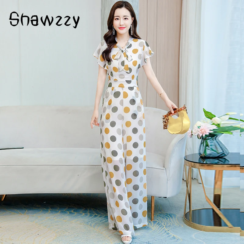 

Woman Chiffon Bodysuit Summer Fashion Dot Print Holiday Bodycon Wide Leg Pants Long Jumpsuit Playsuit New