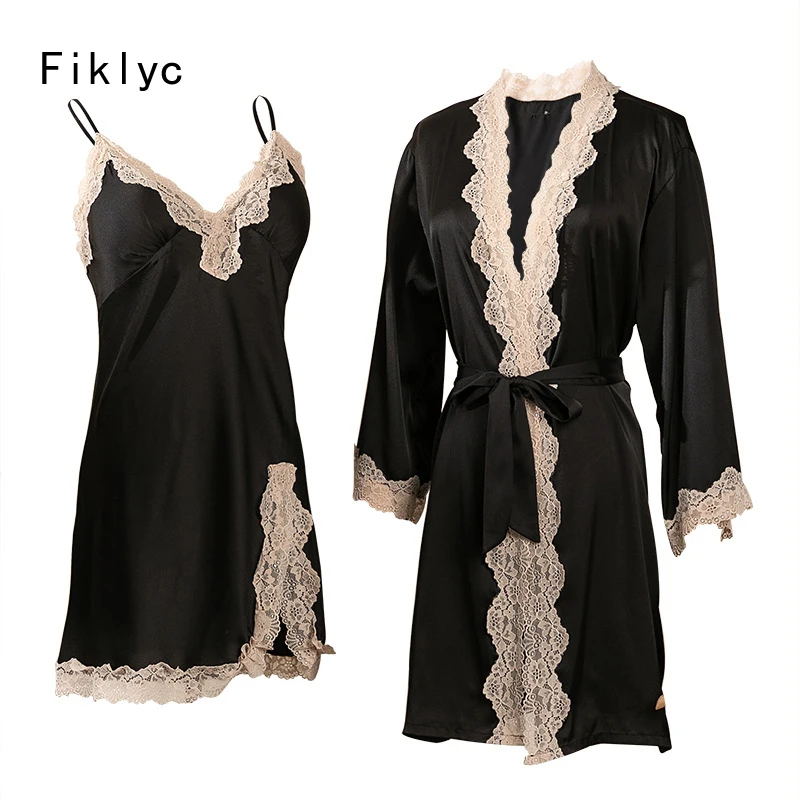 

Fiklyc Women's Robe Gown Sets Pijamas Chemises Lingerie Backless Sets Lace Cross Satin Nightwear Indoor Nightdress Bathrobes Set