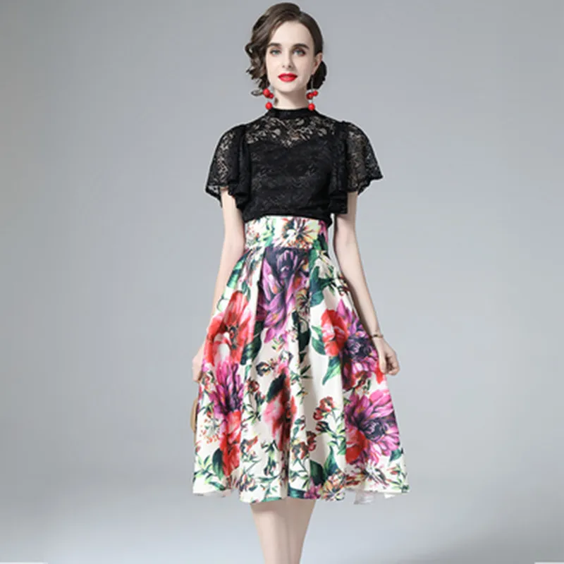 

Women Fashion Skirts 2 Piece Set Designer Short Sleeve Black Lace Blouse Top + High Waist Flower Printing Skirts Set Spring