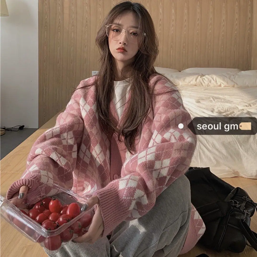 

2021 Autumn Winter Women Long Sleeve Twisted Knitted Sweater Cardigan Korean Female Loose Long Sleeve Argyle Jumpers Cardigan C6