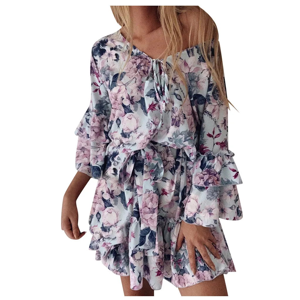 

40# Beach Dresses Summer Womens Boho Floral Mini Swing Dress Summer Holiday Beach Ruffle Frill Sundress Vestidos Verano