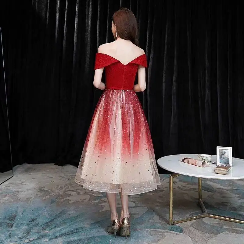 

2020 New Banquet Elegant Black Sexy Long Section Word Shoulder Slim Slimming Dress Party Off The Shoulder Patchwork