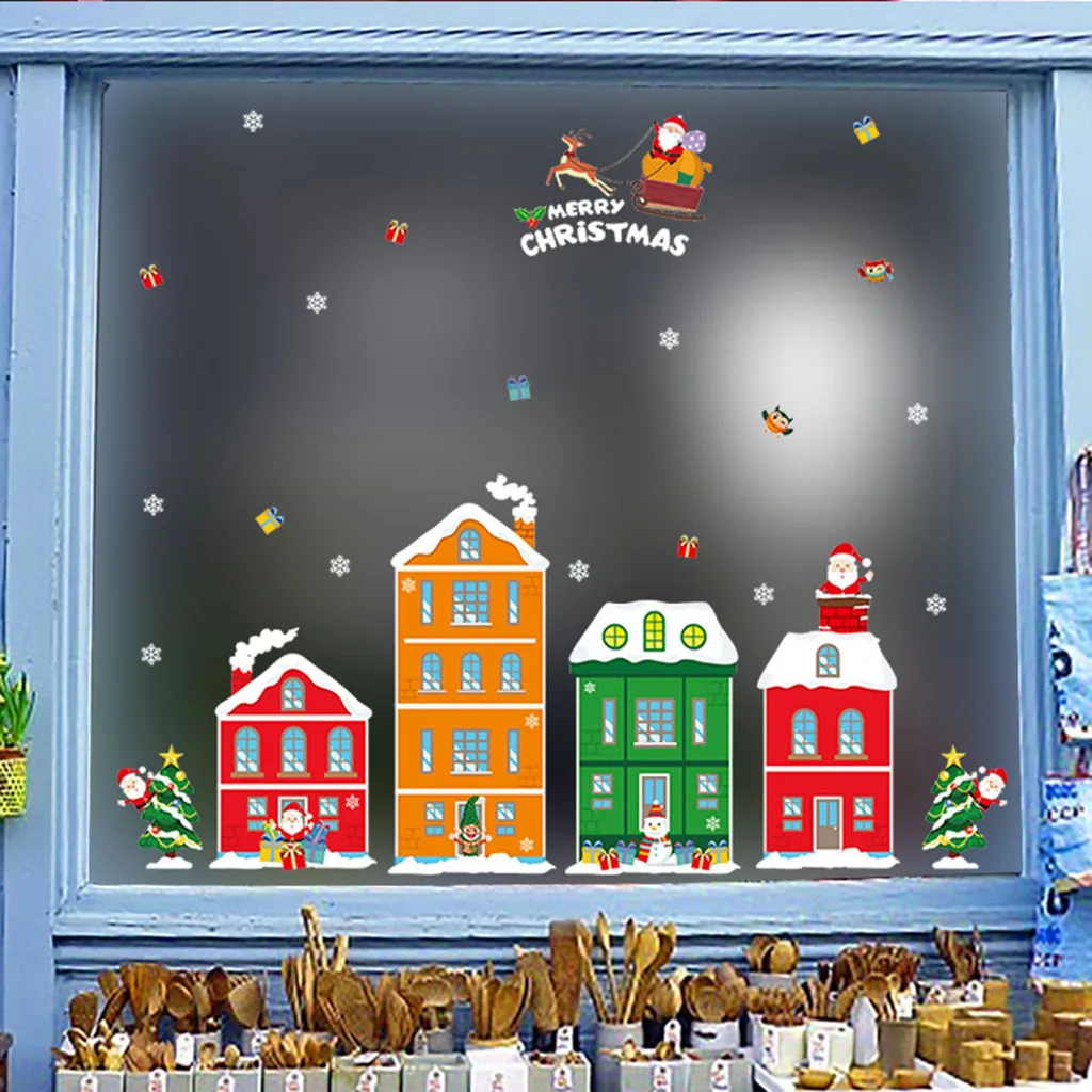 45 #2020 Мультяшные рождественские наклейки для витрины окна Санта Клаус Снеговик