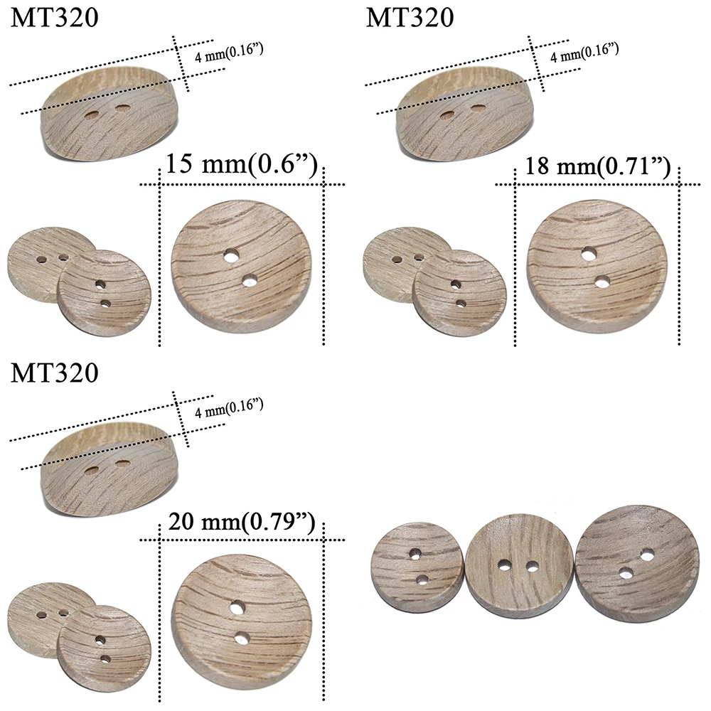 Пуговицы деревянные с 2 отверстиями 15-20 мм 30 шт.