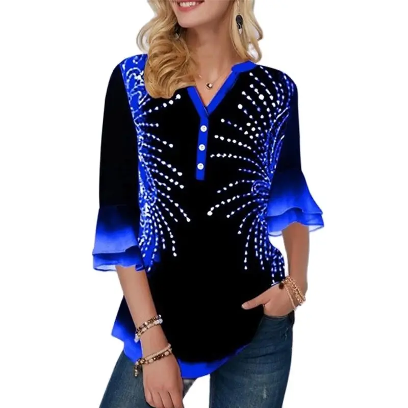

Shirt Blouse Women Plus size 5xl Single-breasted Print Position Blue V-neck Flared Sleeve Tops Female Shirt Loose Ladies Shirt