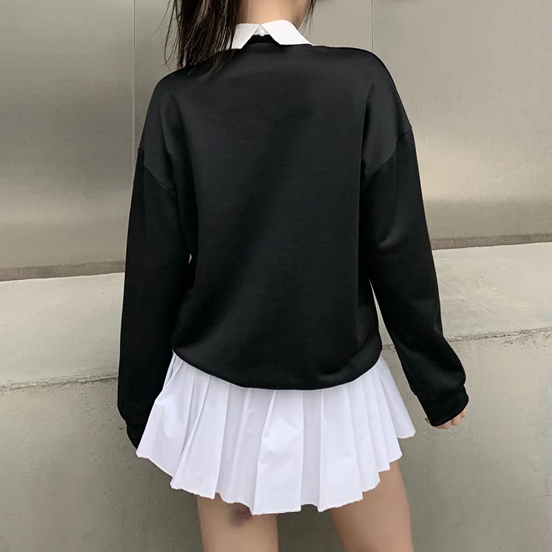 Winter Black Plus Size Sweatshirt Women Harajuku Grunge Gothic Oversized Streetwear Letter Hoodies Long Sleeve Lapel Pullovers
