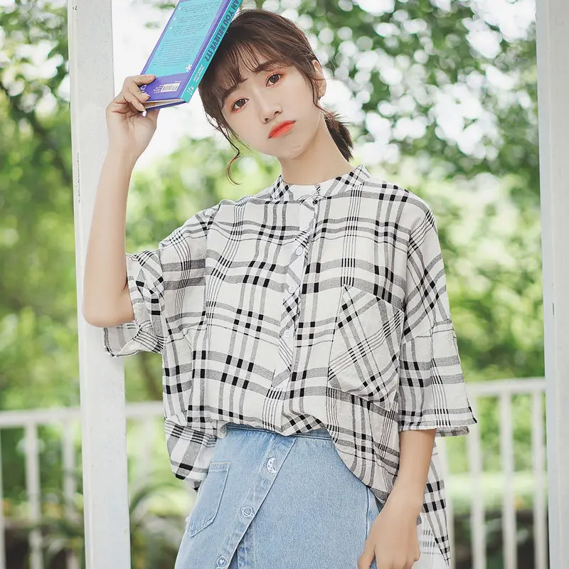 

Chic Khaki Summer 2019 New Short Sleeve Plaid Shirt Stand Collar Workwear Shirt Girl Loose Students' Half-Length Sleeve Top