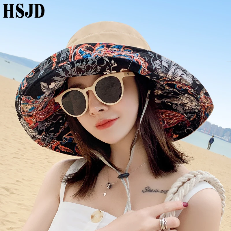Bohemia Style Double-Sided Flower Sun Hats For Women Summer Large Wide Brim Anti-UV Foldable Beach Hat Female Floppy | Аксессуары для