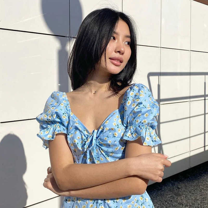

Puff Sleeve Elegant Summer Dresses Ladies Square Collar Lace Up Ruched Mini Dress A Line Floral Print Chic Vintage 2021