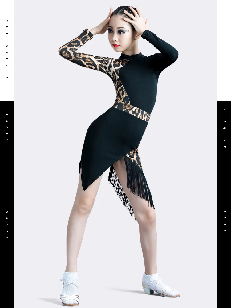 

New Latin Dance Dress Girls Jumpsuit Fringe Skirt Swing Tassel Clothing Kids Leopard Dress Performance Suit Rumba Dance Costumes