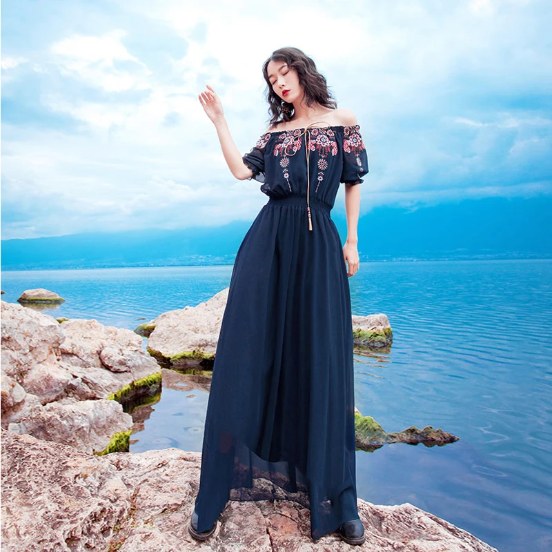 

2021 Summer Newest Fashion Designer Runway Bohemia Vintage Embroidery Maxi Dress Puff Sleeve Robe Femme Elegant Party Long Dress