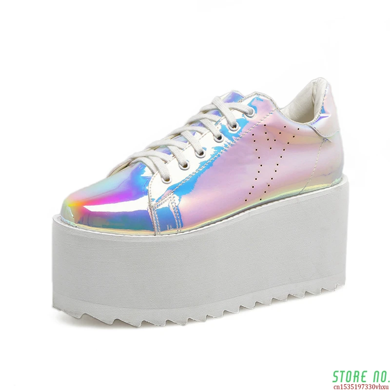 

Women's White Shoes Sneankers Super High Heel 2021 Bling Lolita White Shoes Casual Lady Sliver Sneakers Platform Flat