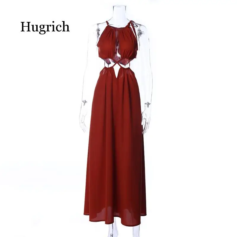 

Girl Boho Long Dress Women Sundress Halter Neck Strap Wrapped Chest Sexy Backless Hollow Irregular Beach Dresses Summer